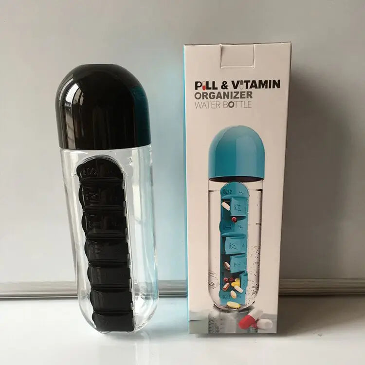 Portable Water Bottle with Built-in Pill Box for Medicines, Vitamins, Perfect for Outdoor, Gym, Fitness, Camping and Traveling