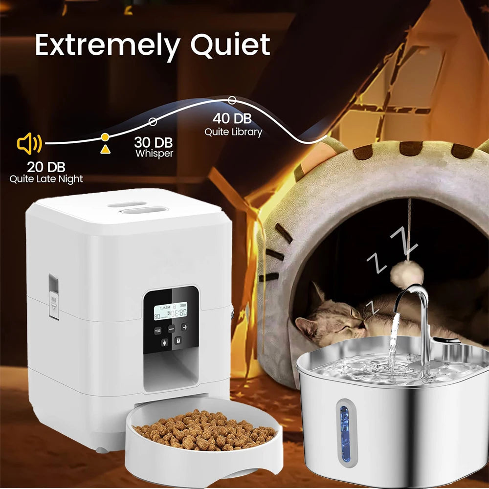 Smart Pet Feeder, Pet Dispenser and Fountain Set, Cat Automatic Feeder with Stainless Steel Fountain, Dog Feeder and Fountain Ki