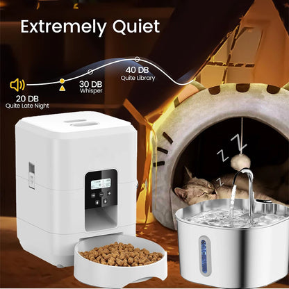 Smart Pet Feeder, Pet Dispenser and Fountain Set, Cat Automatic Feeder with Stainless Steel Fountain, Dog Feeder and Fountain Ki