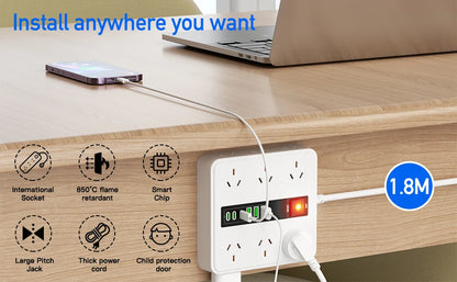 Australian plug power board 6/12 power sockets 6 USB (3A+3C) smart charging overload protection switch 1.8M extension cable