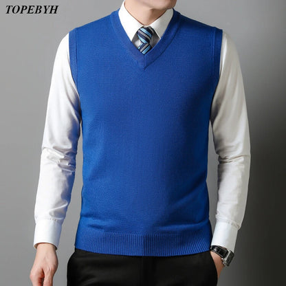 2025 New Men's Autumn High-end Sweater Vest V-neck Warm Knit Sleeveness Tank  Mens Clothes Pullover Tops