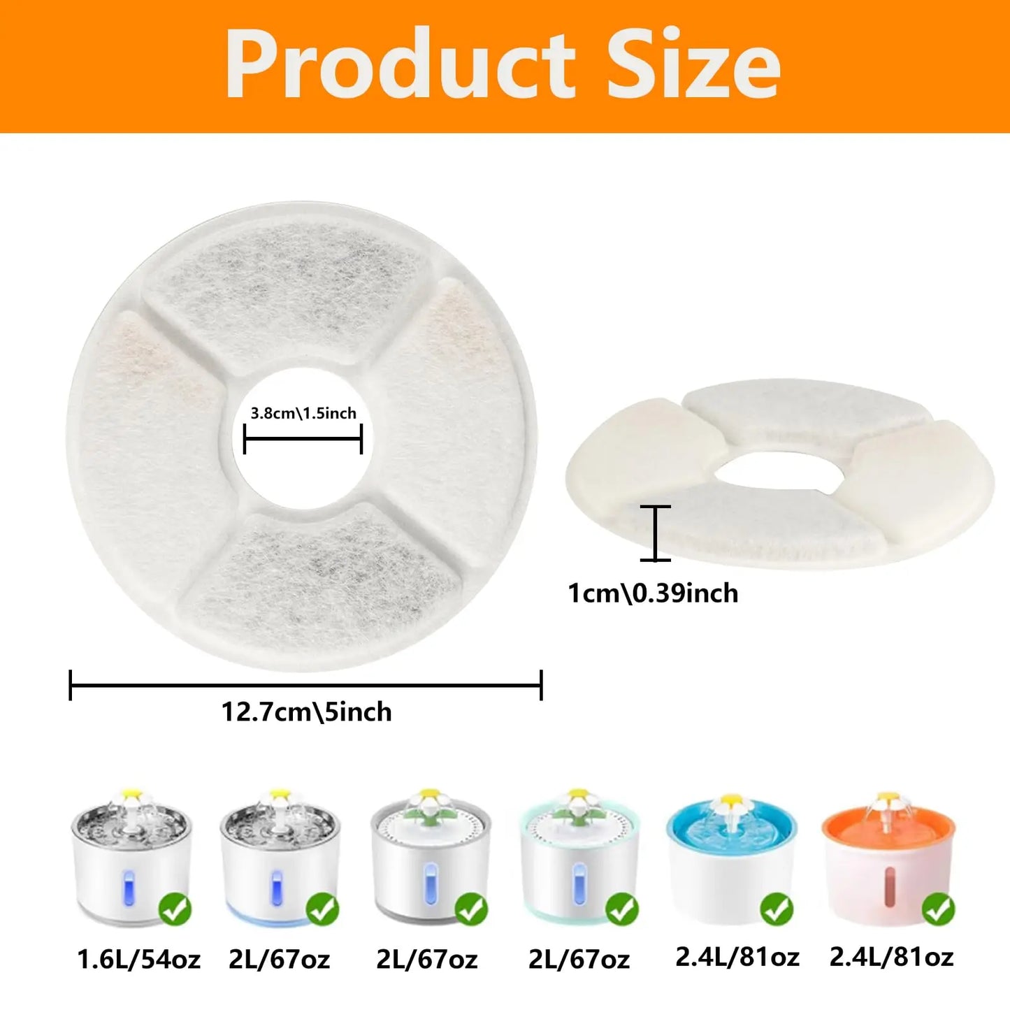 6pk Cat Fountain Filters - Round Activated Carbon & Resin Replacement for Pet Water Dispensers