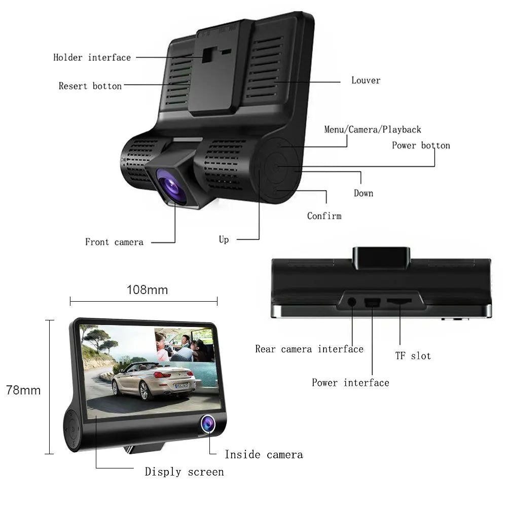 Car DVR 3 Cameras 4.0 Inches Dash Cam Car Video Recorder Auto Registrator Dvrs Dash Cam with 3 Ways Cameras