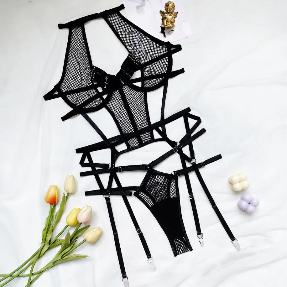 Open Lingerie Set Transparent Lace Up Bandage Exotic Sets Mesh Femme Lingerie Lace Bra Set Women Sexy Lingerie Set