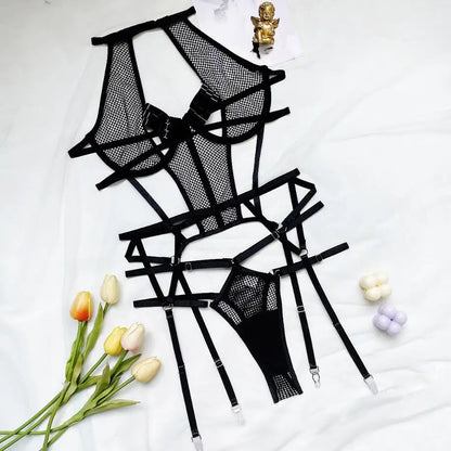 Open Lingerie Set Transparent Lace Up Bandage Exotic Sets Mesh Femme Lingerie Lace Bra Set Women Sexy Lingerie Set