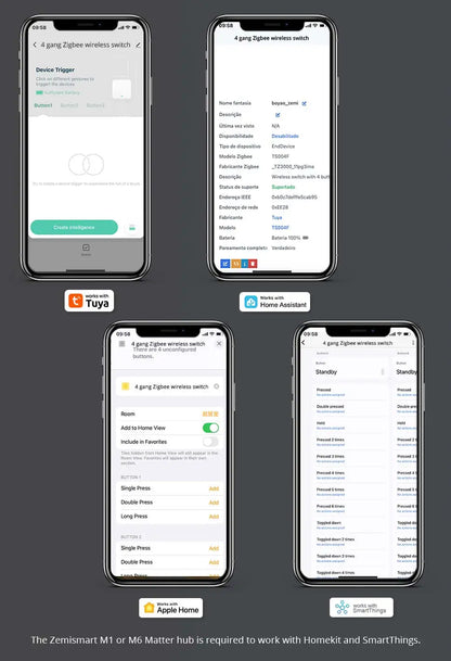 Zemismart 4-Gang Zigbee Wireless Scene Switch,Battery Powered, Compatible with Tuya Home Assistant Homey Hubitat (Hub Required）