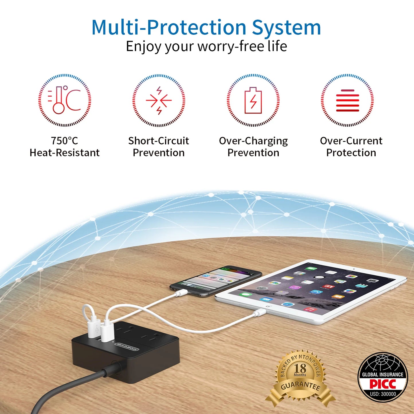 Power Strip US Plug 2 Outlets With 3USB Ports 15FT Extra-long Extension Cord（1.5/3/4.6 Meter）Smart USB Charger for Travel/Home