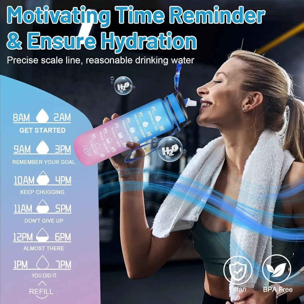 1L Water Bottle With Straw 32oz Water Bottle With Time Marker Motivational Tritan, Bpa Free Leak Proof Water Cup with Brush