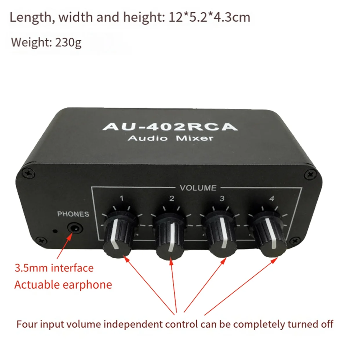 AU-402RCA Stereo Audio Mixer Multi-Channel Audio Source Reverberator Volume Control 3.5mm Headphone Driver 4 Input