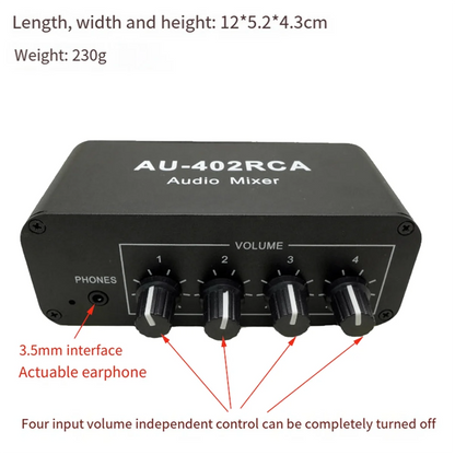 AU-402RCA Stereo Audio Mixer Multi-Channel Audio Source Reverberator Volume Control 3.5mm Headphone Driver 4 Input