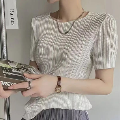 Woman Clothing  Top Women Miyake Pleated Short-sleeved Female Summer Thin Elastic Round Neck Joker Slim Pleated Hollow T-shirt