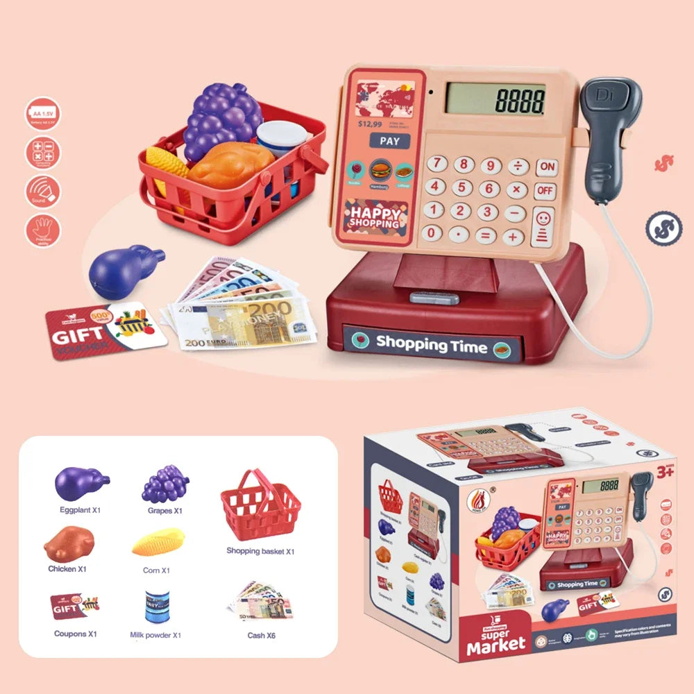 Children's Simulation Supermarket Cash Register Electric Multifunctional Puzzle Toy Cash Register with Scanner Toys for Kids
