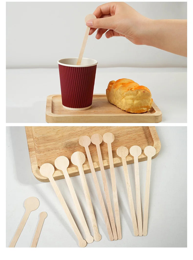 100pcs Round Disposable Wooden Coffee Stirrers Coffee Stirrer Sticks Stir Beverage Sticks Stir for Bar Cafe  or Home Use