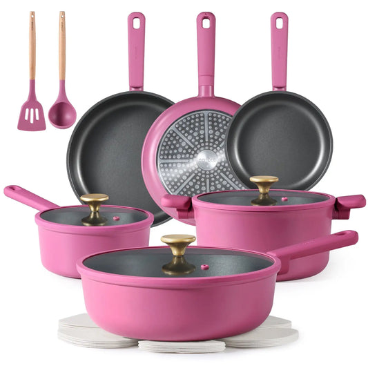 Kitchen Cookware Sets, Nonstick Pots and Pans Set, Induction Cookware, 16 Pcs, Rose Pink