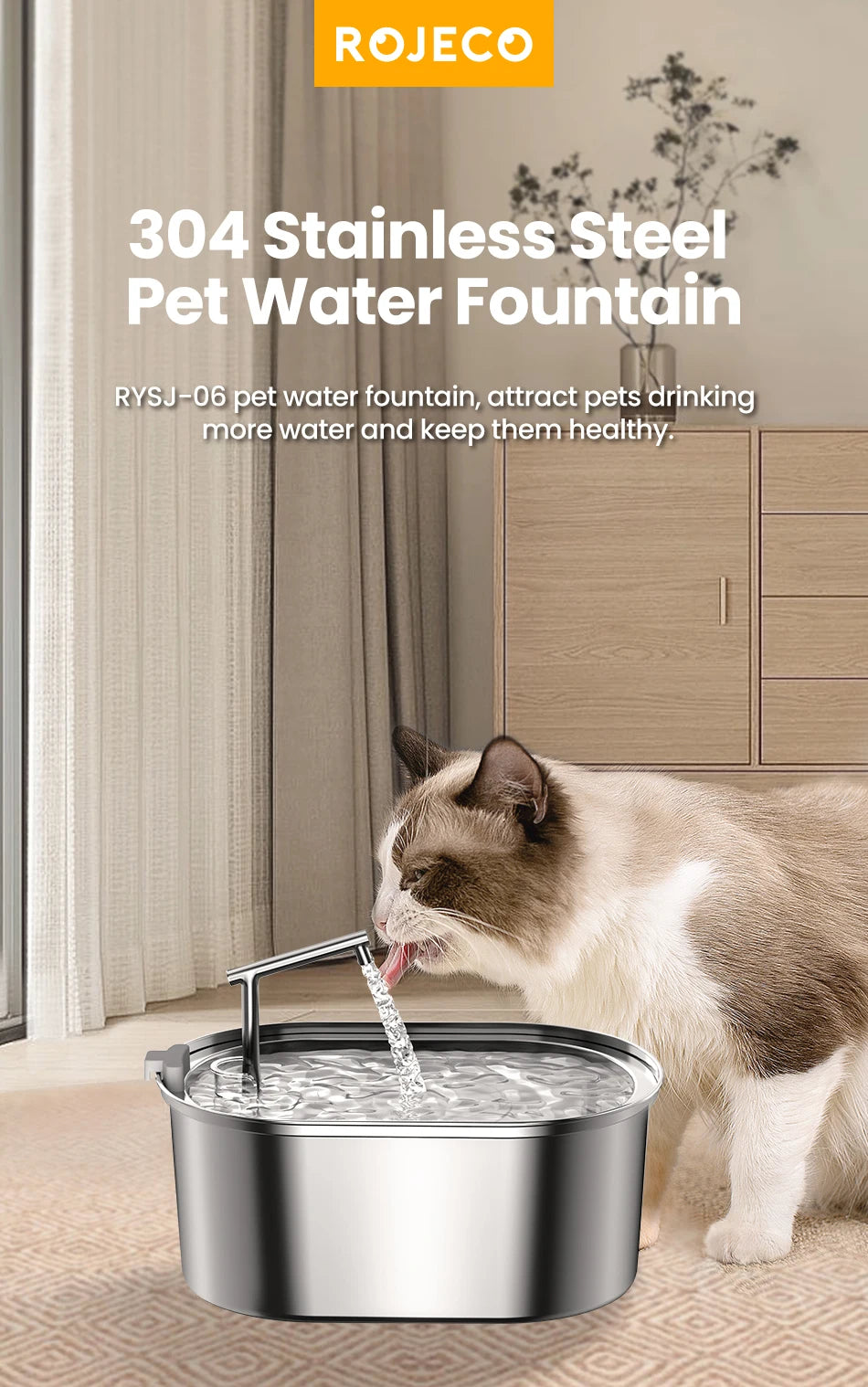 ROJECO Stainless Steel Cat Water Fountain Automatic Pet Water Dispenser Cat Drinking Fountain Auto Drinker For Dogs Accessories
