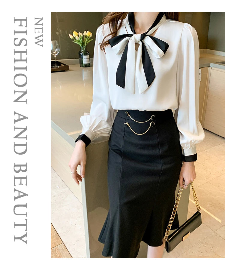 Elegant Office Blouses Women Chiffon Autumn Winter Korean Fashion Casual Streetwear Blusas Mujer Puff Sleeve Ladies Tops Shirts
