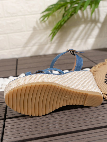 Chunky Platform Wedges Sandals Women 2024 Summer Blue Denim Beach Sandals Woman Plus Size 42 Ankle Straps High Heels Sandalias