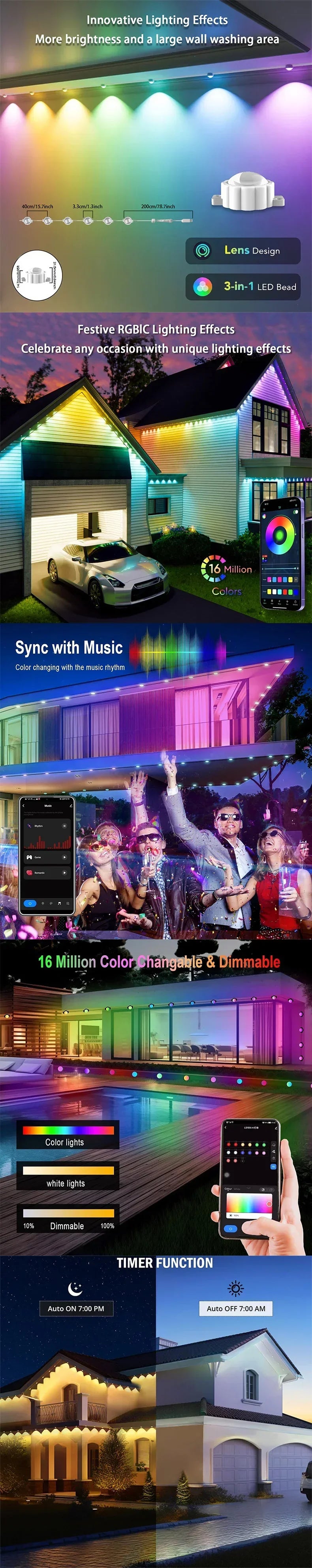 Permanent Outdoor Lights for House Smart Outside Christmas Eaves Light Waterproof Eaves Lights Remote APP Control Music Sync
