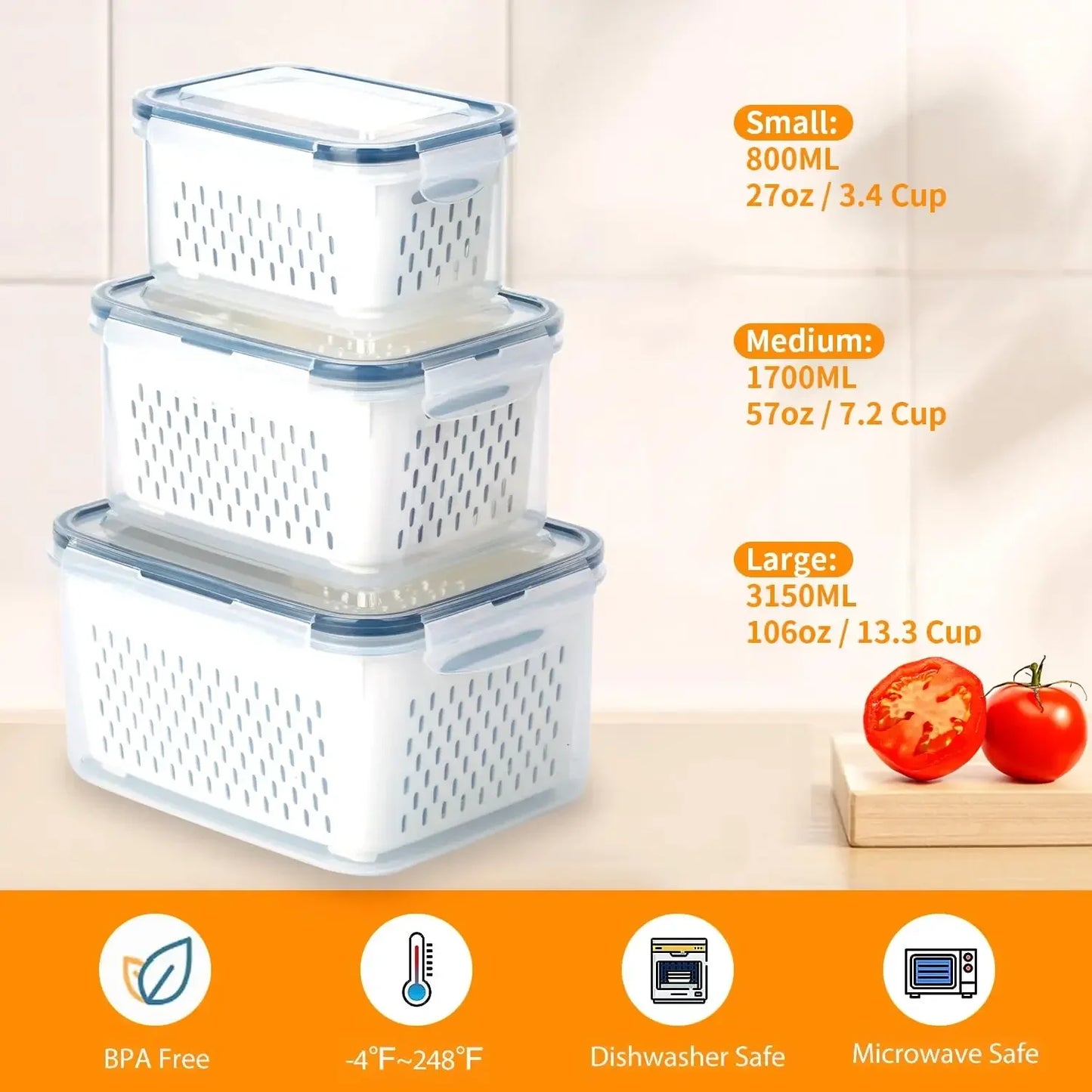 Fridge Food Storage Container Set with Lids with Strainer,Plastic Fresh Produce Saver Vegetable Fruit Meat Organizer