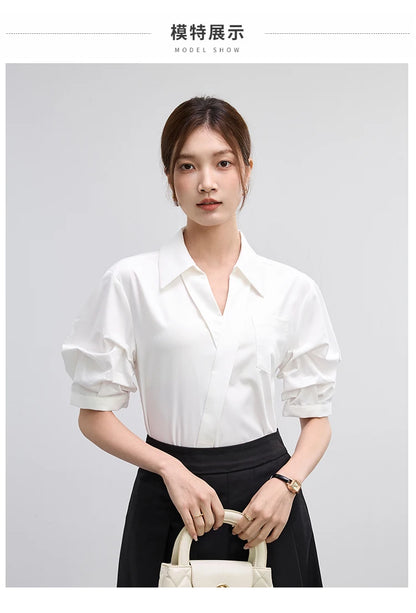 Office Lady Basics Fashion White Shirts New Women Summer Work Solid V Neck Tops Blouses French Design Interview Shirt Cotton