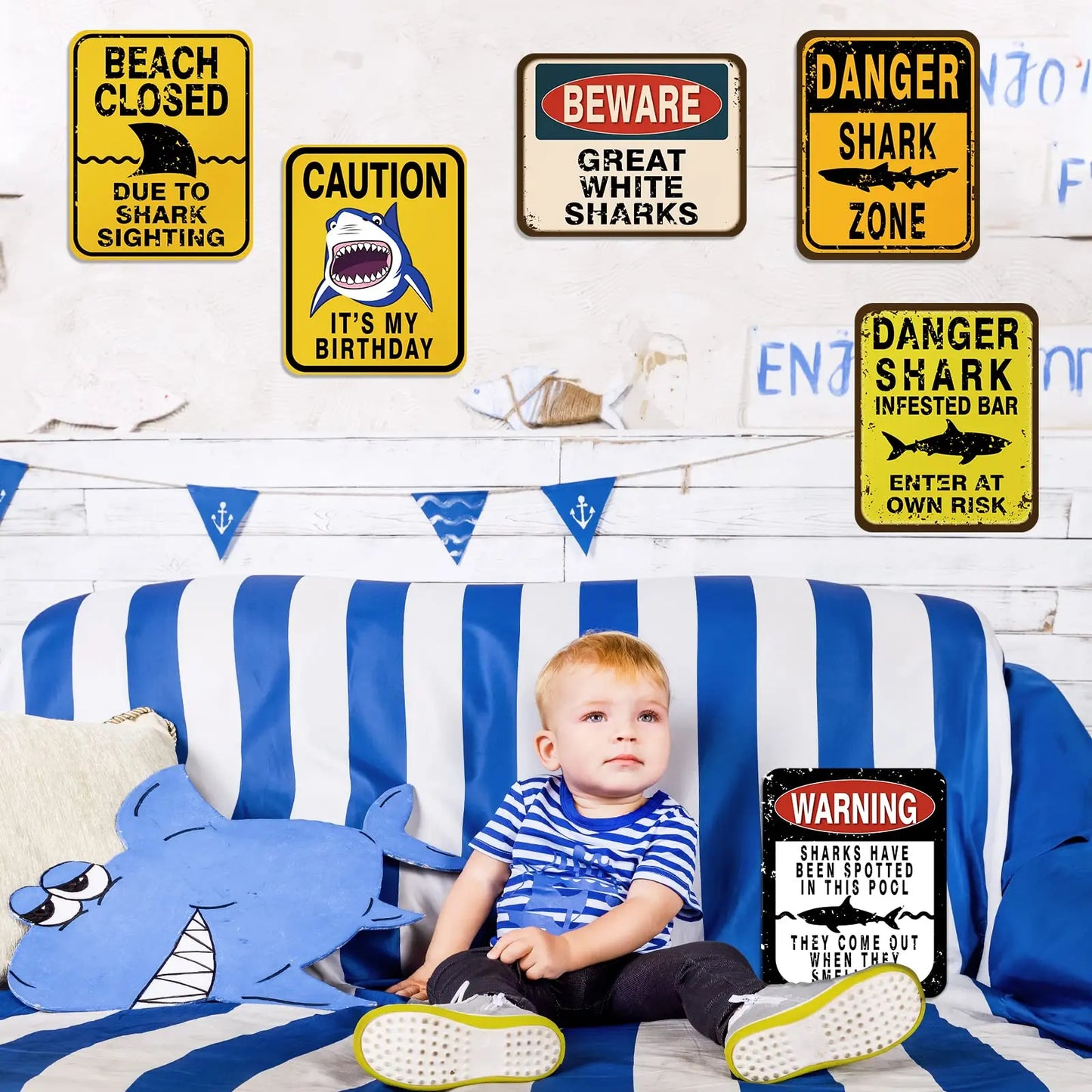 6 PCS Shark Zone Party Decorations Funny Party Wall Decorations Signs for Boys Birthday Party Ocean Shark Theme Party Supplies