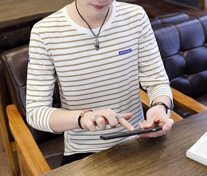 T Shirts for Men Stripe Tops Red Cotton Male Clothes Round Neck Harajuku Fashion Sale High Brand Regular Fit It Full Sleeve Tee