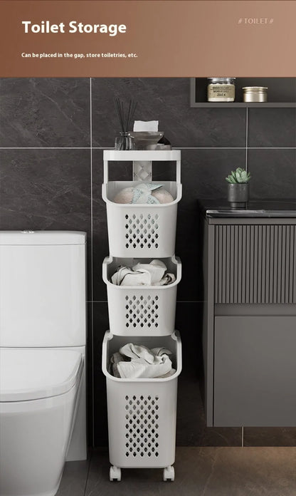 Multilayer Laundry Storage Basket Wheels Pp Plastic Laundry Baskets With Wheel Household Sundries Bathroom Toilet Storage Rack