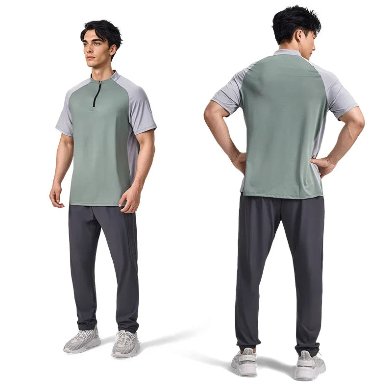 Sports T-shirt, men's half-zipper stand-up collar short-sleeved running top, summer sports training tennis clothes