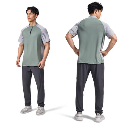 Sports T-shirt, men's half-zipper stand-up collar short-sleeved running top, summer sports training tennis clothes