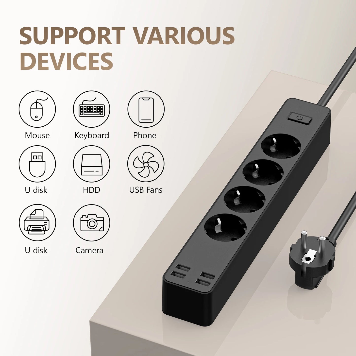 EU Electrical Socket With Safety Switch Power Strip 1.5M Extension Cable Overload Protection USB A Port Charging  On Home  2500W