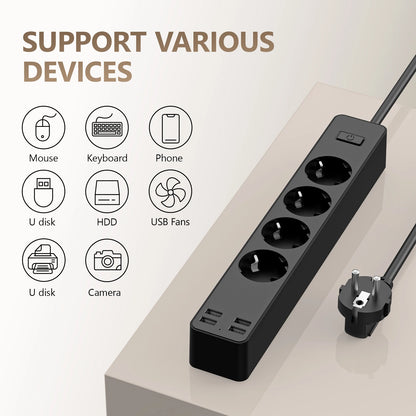 EU Electrical Socket With Safety Switch Power Strip 1.5M Extension Cable Overload Protection USB A Port Charging  On Home  2500W