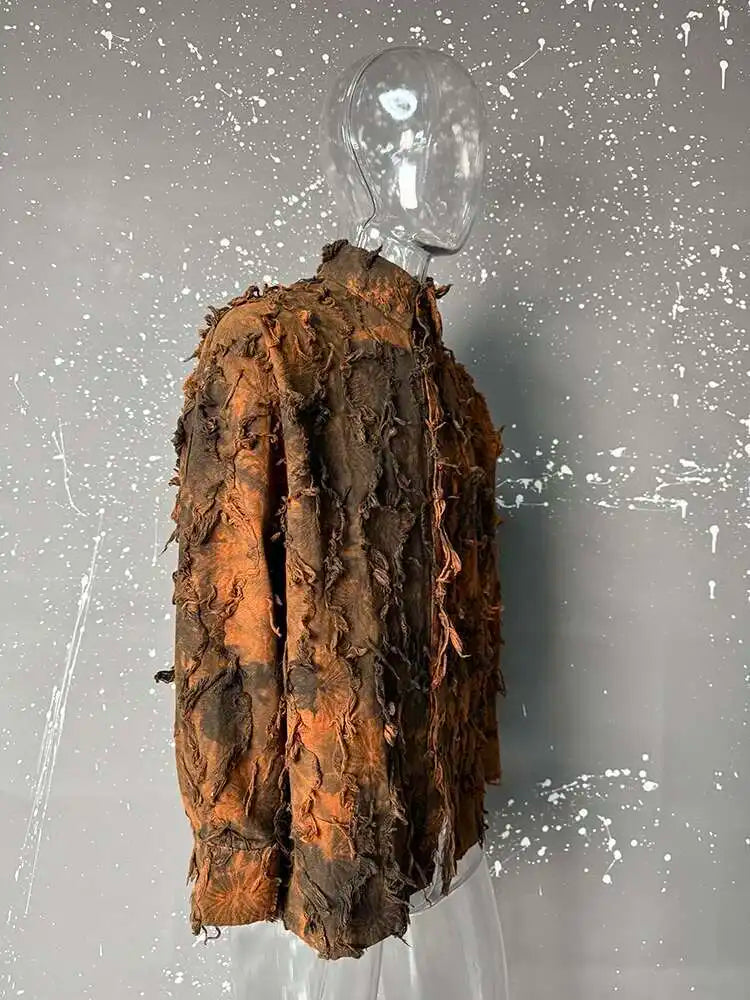 PFHQ Tie Dye Patchwork Shirts Men's Turn-down Collar Long Sleeve Tops Personalized Single Breasted Tassel Male Clothing 21Z9142