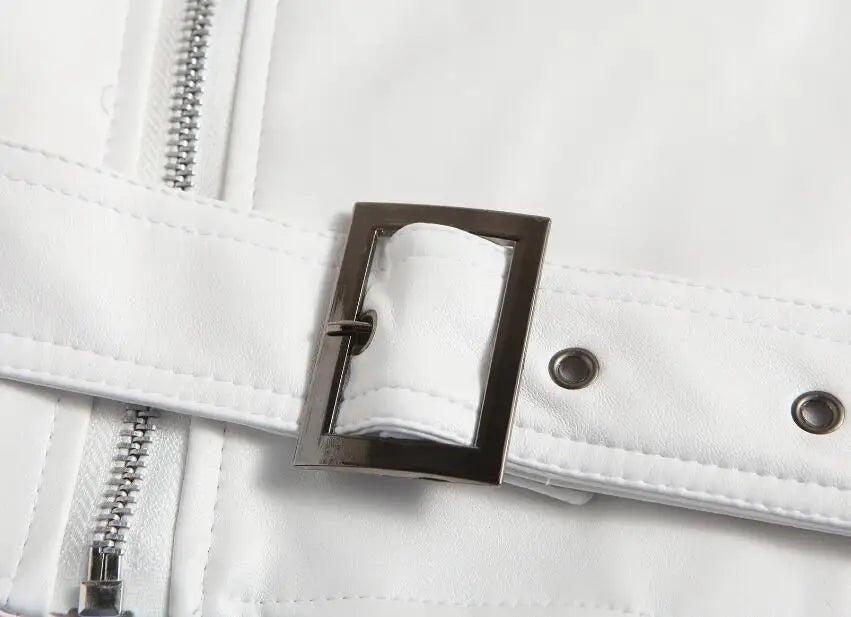 White Leather Jacket Men Fashion Solid Long Sleeve Turn-down Collar Mens Coat