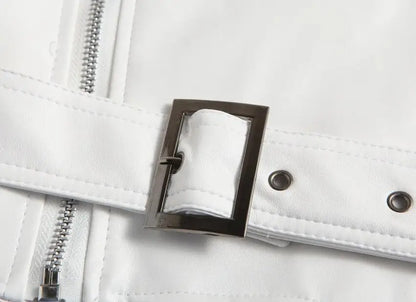 White Leather Jacket Men Fashion Solid Long Sleeve Turn-down Collar Mens Coat