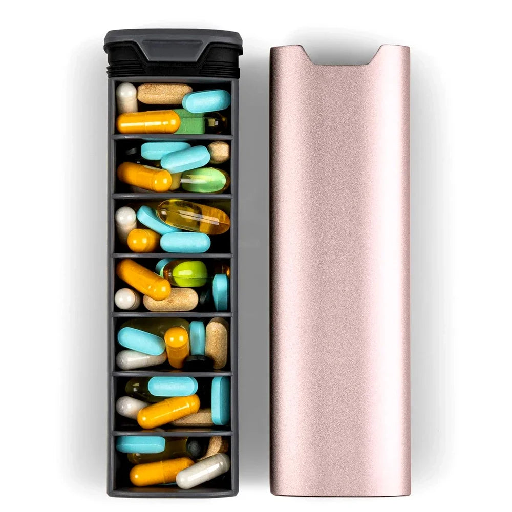 1Pcs 7 Day Weekly Pill Organizer,Premium Stylish Aluminum and Wood Large Capacity Pill Box for Supplements,Vitamins and Medicine