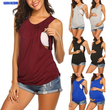 Maternity Tank Top Womens Nursing Shirt Casual Sleeveless Side Ruched Crew Neck Basic Nursed Vest Pregnancy Breastfeeding Tee