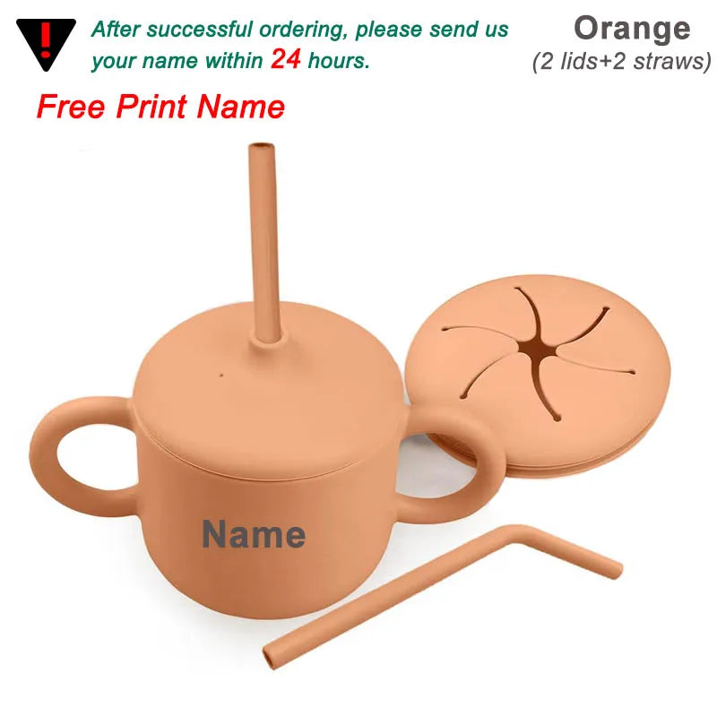Food Grade Silicone Baby Feeding Cups Personalized Name Children Learn Drinking Cups Sippy Cups Kids Toddlers Straw Water Bottle