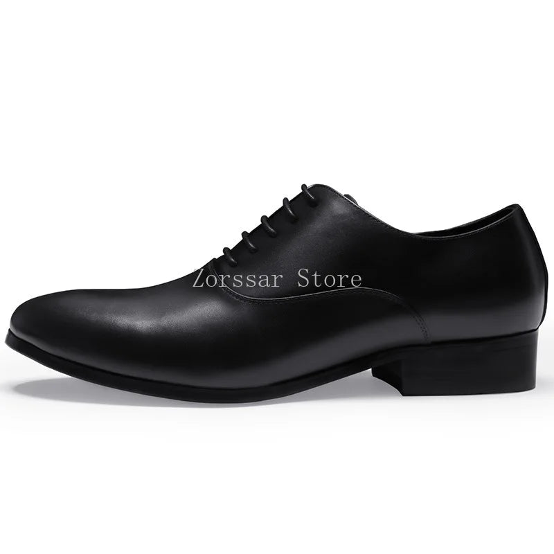 3CM Heels Men Wedding Shoes Genuine Leather White Black Oxford Dress Business Suit Shoe Lace Up Point Toe Formal Shoes Handmade
