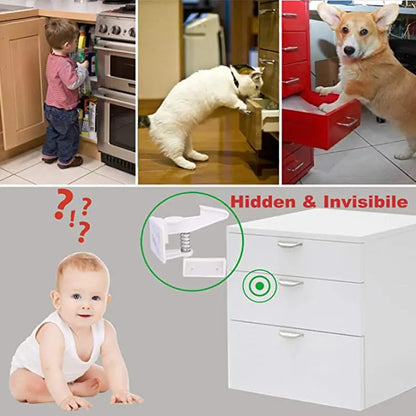 10pcs Baby Cabinet Locks Invisible Closet and drawer Lock Child Security Protector No Drilling Installation White