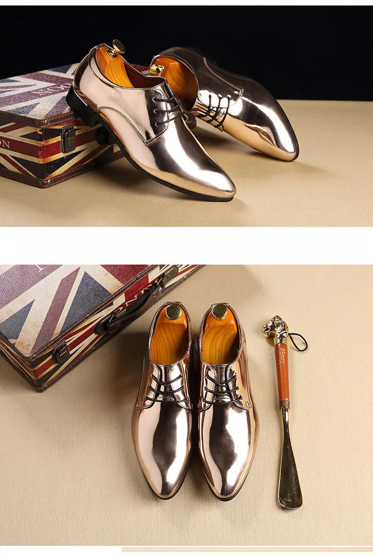 Fashion Trend Patent Leather Men Wedding Shoes Gold Blue Red White Oxfords Shoes Designer Pointed Toe Dress Shoes Big Size 37-48