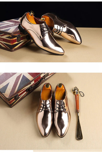 Fashion Trend Patent Leather Men Wedding Shoes Gold Blue Red White Oxfords Shoes Designer Pointed Toe Dress Shoes Big Size 37-48