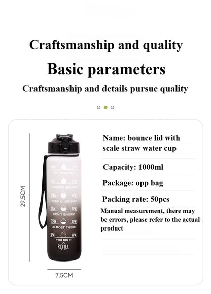 1L 1000ml Water Bottle Liter Stay Hydrated  Material Plastic Sport Bottle Reminder Times Sports Outdoor Fitness Office Running