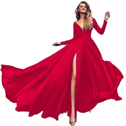European American Wedding Dresses Wheat Dress Sexy Deep V Long Sleeved Sequined Dress Woman Party Solid Dress Maxi Floor Gowns