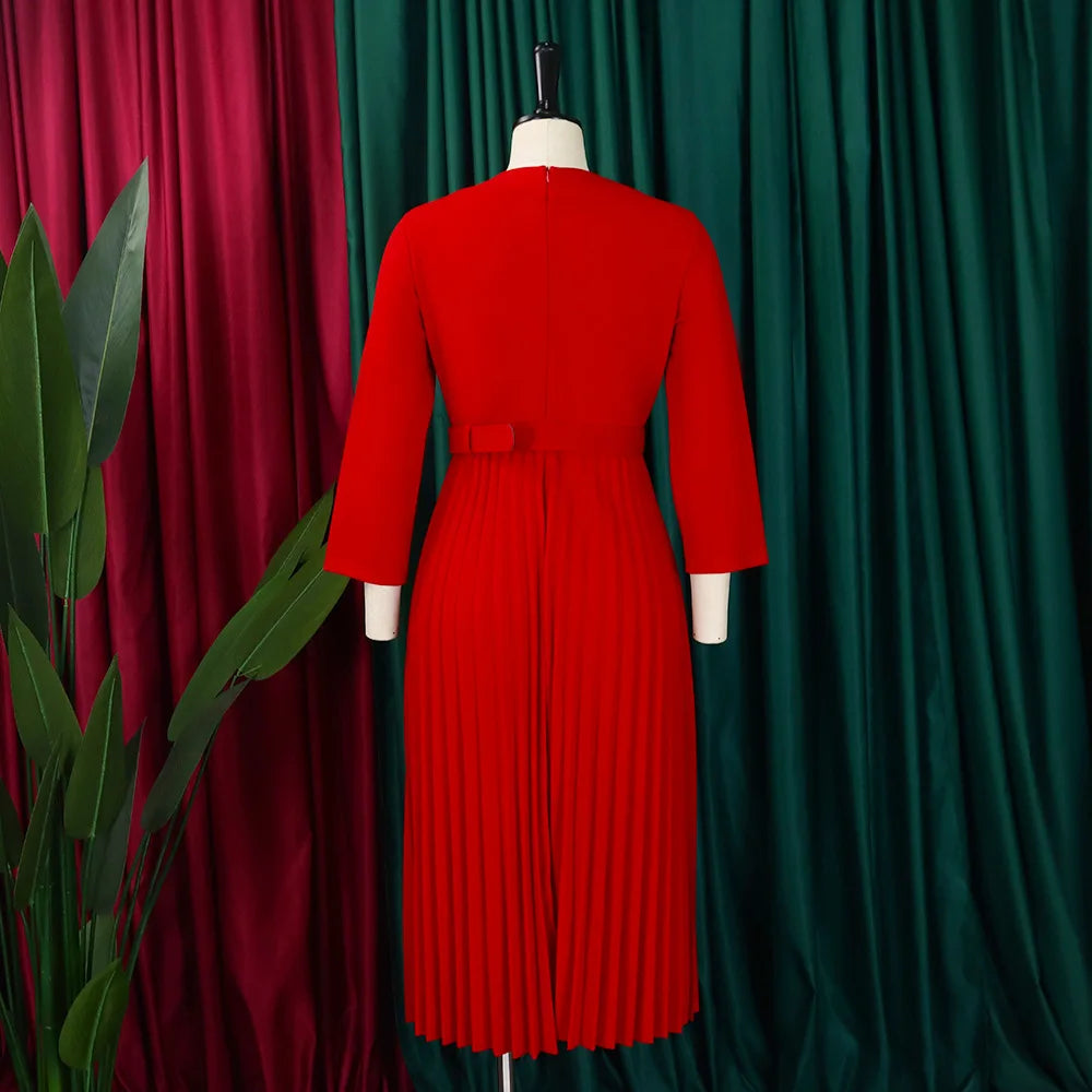 Office Dresses for Women V Neck Full Sleeve Belt Waisted Pleated Mid Calf Elegant Female Business Work Wear Dress Midi Cloth New