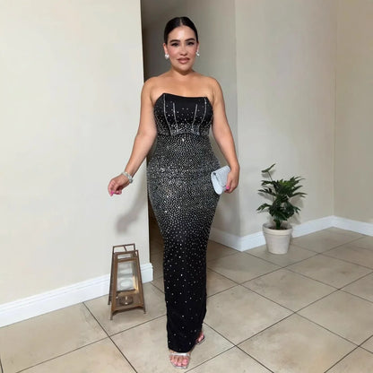 CM.YAYA Diamonds Hot Rhinestones Strapless Women Sleeveless Long Dress 2025 Spring Birthday Party Evening Prom Maxi Dresses