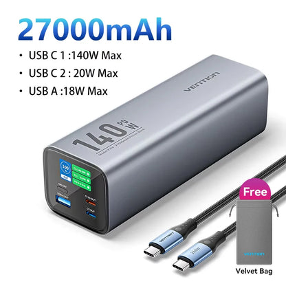 Vention Power Bank 140W 27000mAh Portable PD External Battery PowerBank 100W for Macbook Pro iPad iPhone Laptop Notebook Xiaomi