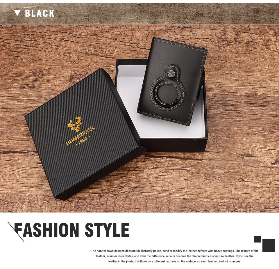 Cowhide Leather Men's Wallet RFID Blocking Protect Cardholder Automatic Card Case for Women with Apple AirTag Holder