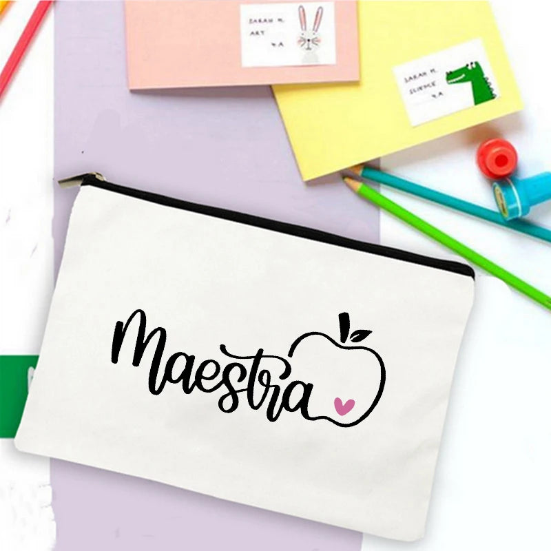 School Stationery Supplies Storage Bags  Rainbow Teacher Spanish Printed Teacher Pencil Cases Travel Wash Pouch Gifts Makeup Bag