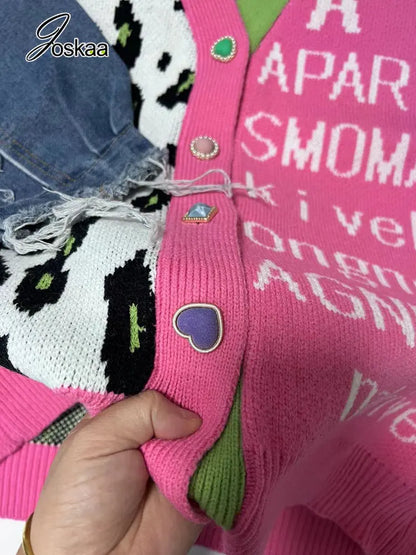 Joskaa Women Knitted Oversized Sweaters Y2k Denim Patchwork Leopard V-neck Long Sleeve Cardigans Coat Female Outwear Streetwear