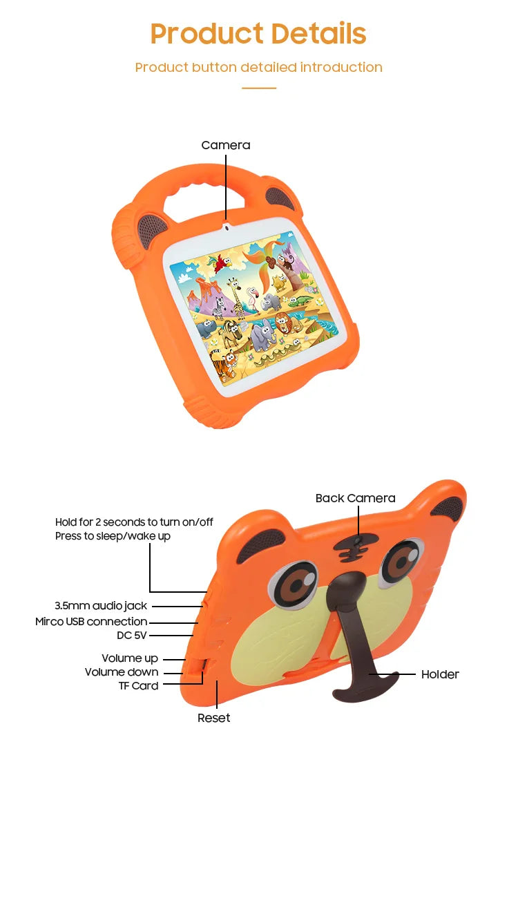 7 inch Android Kids Learning Tablet 3000mah 16GB Quad Core Android10 With tablet protective sleeve and tablet tempered film